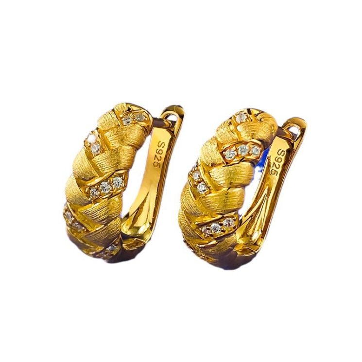 S925 Silver Real Gold-Plated Wheat Braided Brushed Earrings for Women – Elegant & Stylish Design
