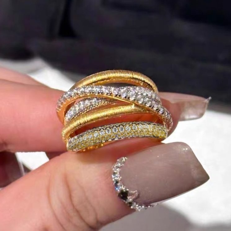 S925 Silver Gold-Plated Italian Brushed Cross Ring with Full Diamond Accents for Women – Luxurious & Elegant Design - Image 3
