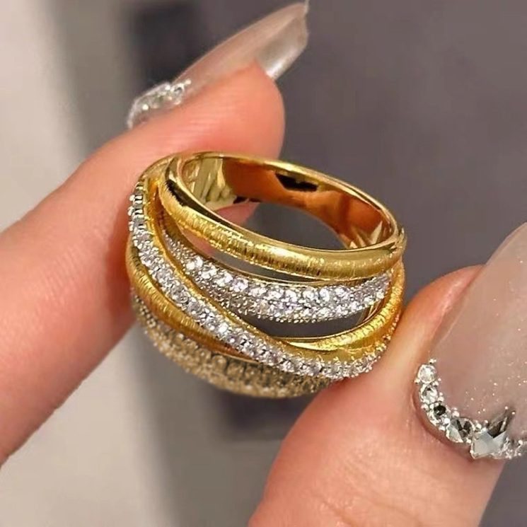 S925 Silver Gold-Plated Italian Brushed Cross Ring with Full Diamond Accents for Women – Luxurious & Elegant Design - Image 2