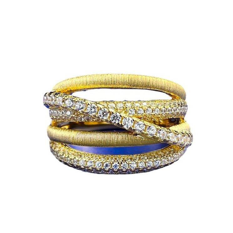 S925 Silver Gold-Plated Italian Brushed Cross Ring with Full Diamond Accents for Women – Luxurious & Elegant Design