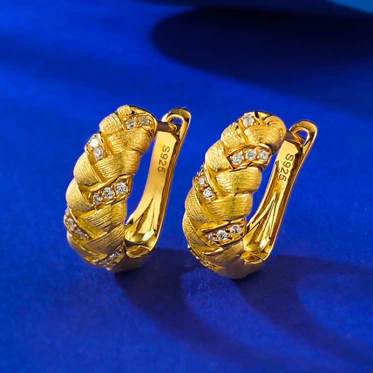 S925 Silver Real Gold-Plated Wheat Braided Brushed Earrings for Women – Elegant & Stylish Design - Image 4